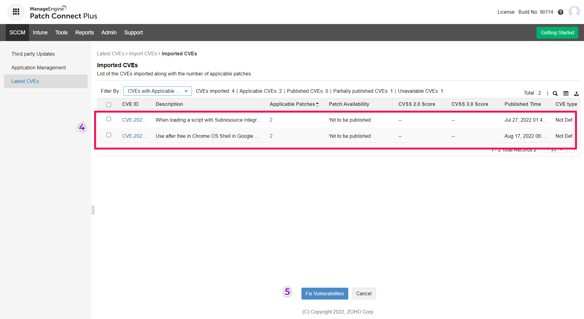 Importation de CVE dans Patch Connect Plus